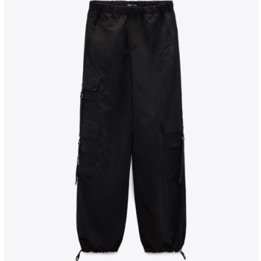 Zara Nylon Black Cargo Parachute Pants with Relaxed Fit